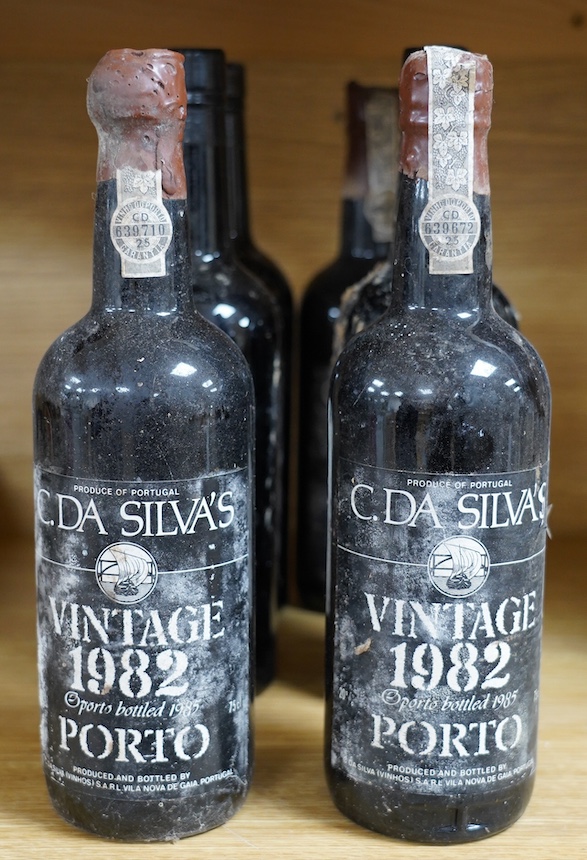 Six bottles of port to include three bottles of C. Da Silvas vintage 1982 Porto and three other bottles with deteriorated labels. Condition - bottles dirty, storage history unknown